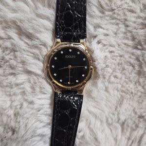 Vintage Adolfo Watch Black Leather Band Gold Tone Metal Quartz Analog Wristwatch
